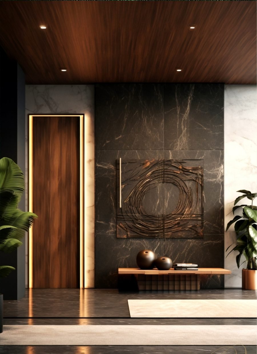 Private entrance lobby at The Privé, clad in dark marble and timber