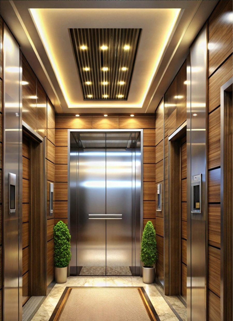 Timber and steel lift lobby with a Schindler elevator at The Privé