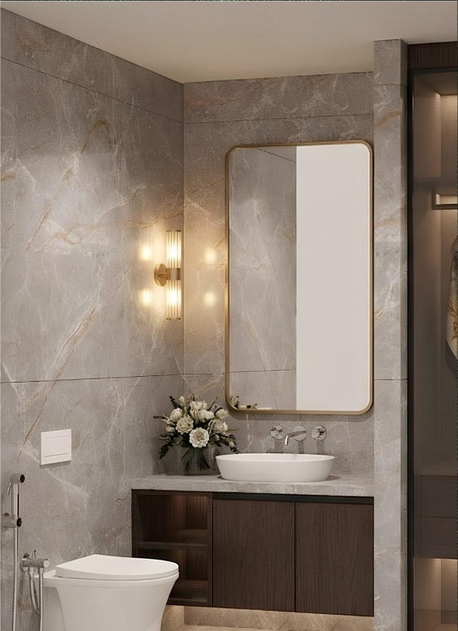 Marble-clad spa-inspired bathroom with brass fittings at The Privé