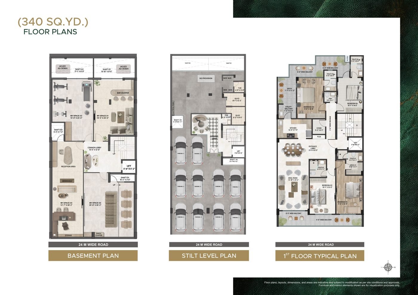 Floor plan sheet for The Privé, Sector 70A Gurugram, showing the basement plan, stilt level plan and first floor typical plan side by side