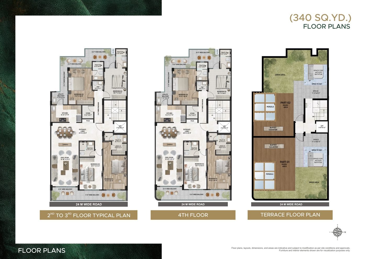 Floor plan sheet for The Privé, Sector 70A Gurugram, showing the second to third floor typical plan, fourth floor plan and terrace floor plan side by side