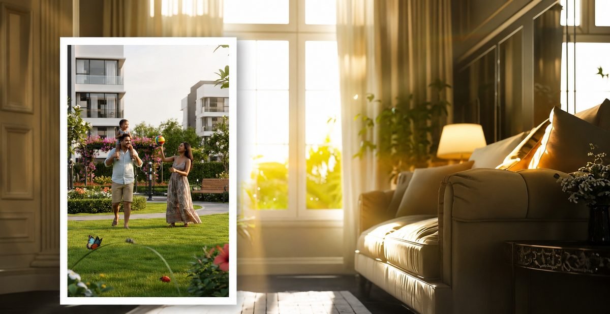 Daylight filling a living room at The Privé with landscaped open space beyond