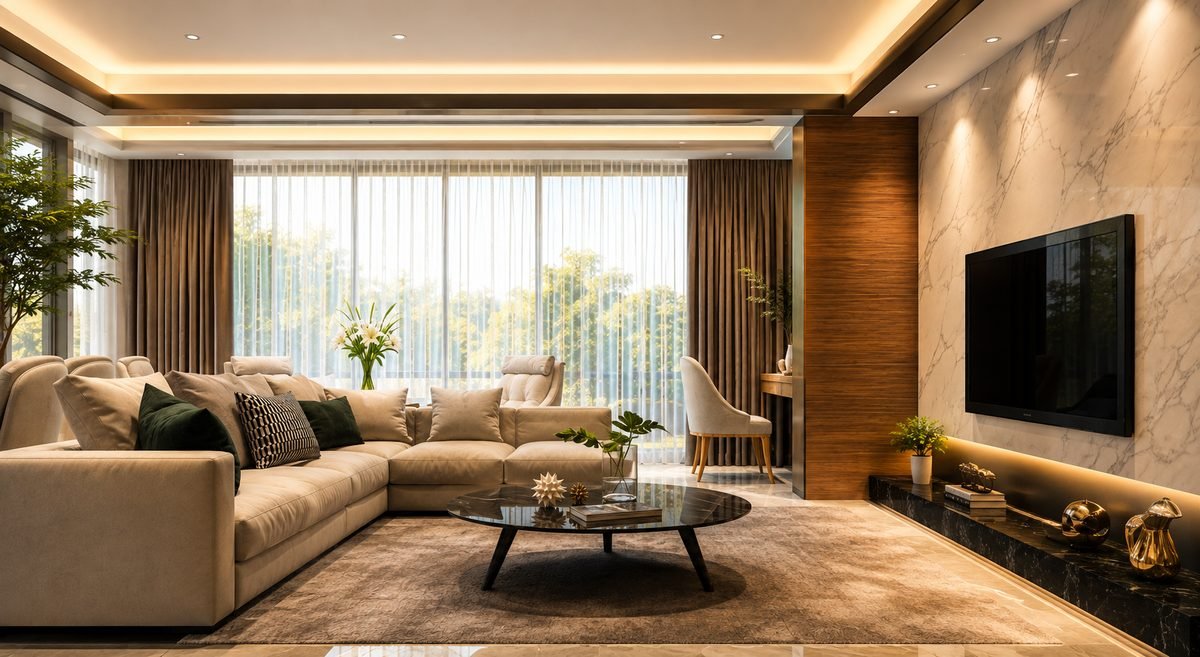 Evening interior of a residence at The Privé, Trehan Luxury Floors