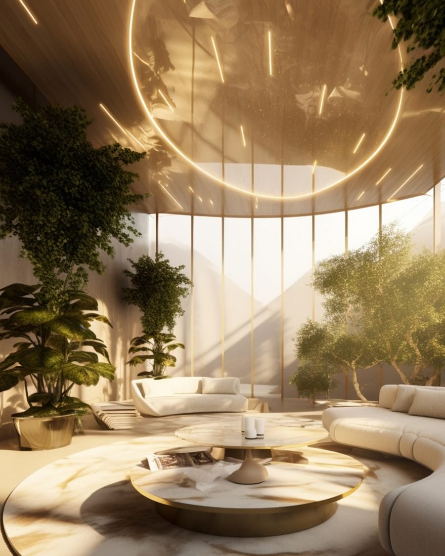 Double-height landscaped lounge at The Privé, with an oxygen court of planting under a skylit ceiling