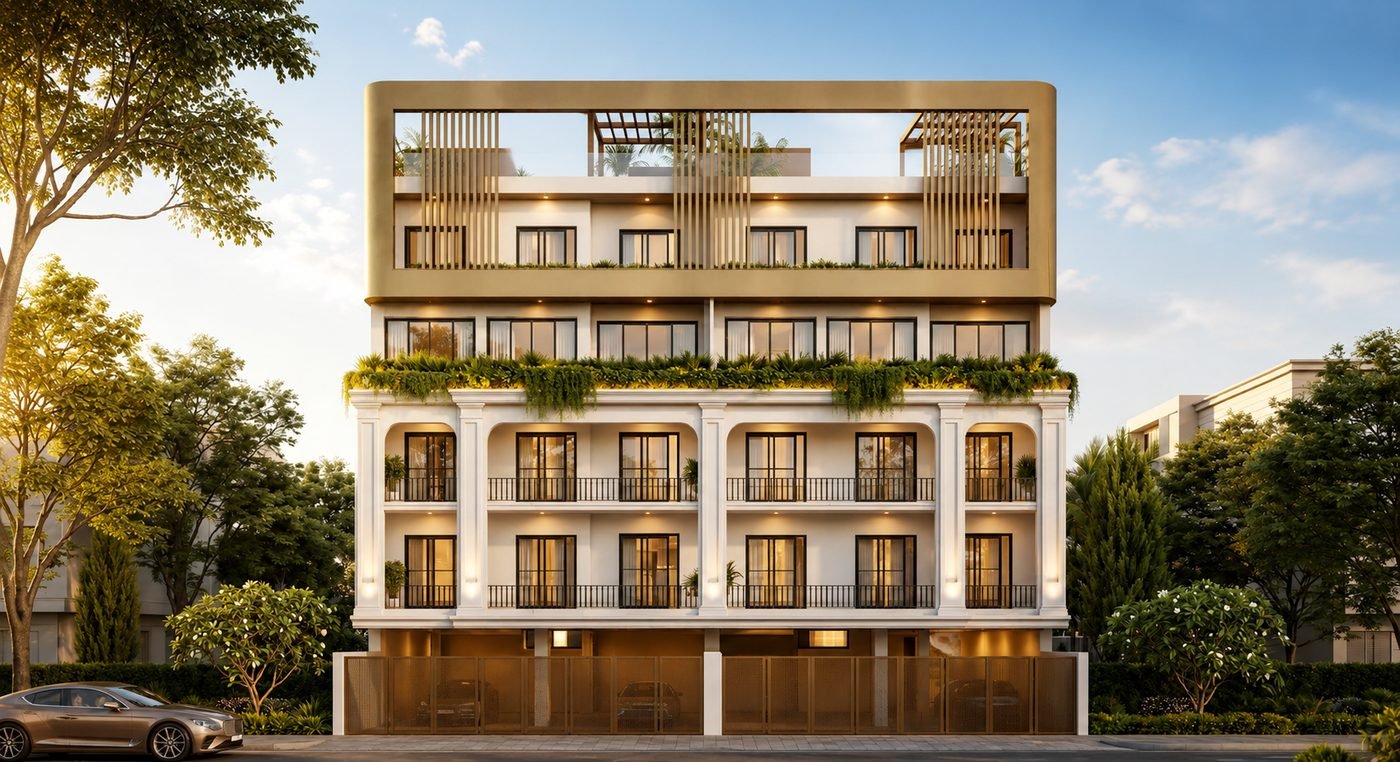 Front elevation of The Privé at dusk, Sector 70A Gurugram