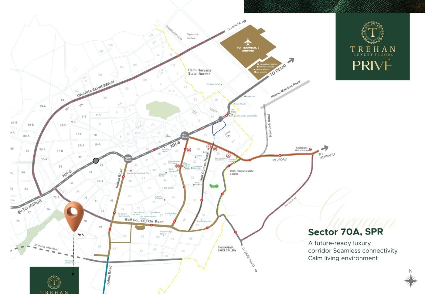 Connectivity map showing The Privé at Sector 70A Gurugram in relation to Golf Course Extension Road, Sohna Road, NH-8, Dwarka Expressway and IGI Airport